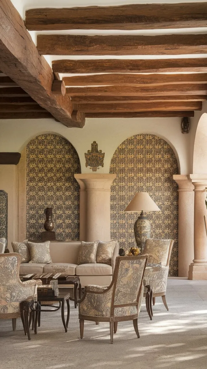 In this Spanish hacienda living room, hand-hewn beams and vibrant tiles create a cozy sanctuary that beautifully blends heritage with relaxed sophistication.