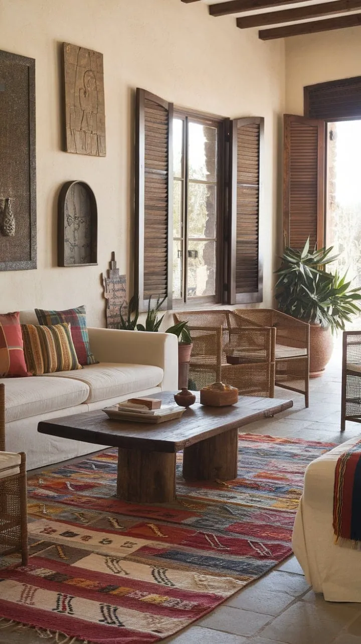 In this sun-kissed Mediterranean oasis, the cozy blend of woven textures, soothing beige hues, and rustic art creates a serene sanctuary of Spanish charm.