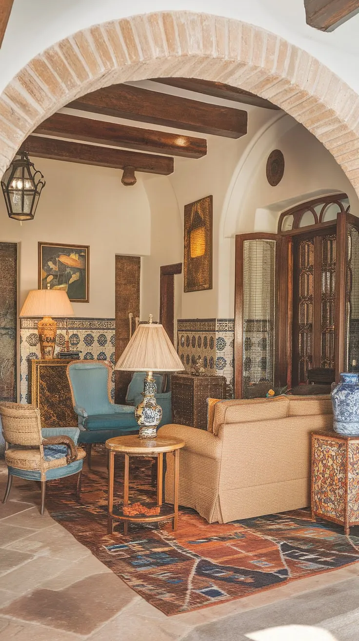 A Spanish living room showcases a colorful Mediterranean design with tiled walls and hacienda-inspired decor.
