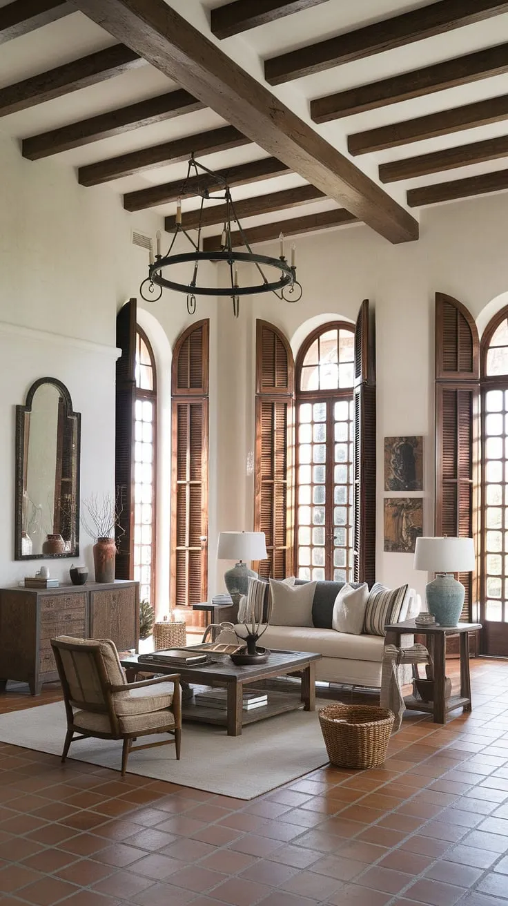 Sunlight streams into a spacious Spanish living room, its terracotta floors and wooden beams complementing elegant furniture and artwork under a wrought-iron chandelier.