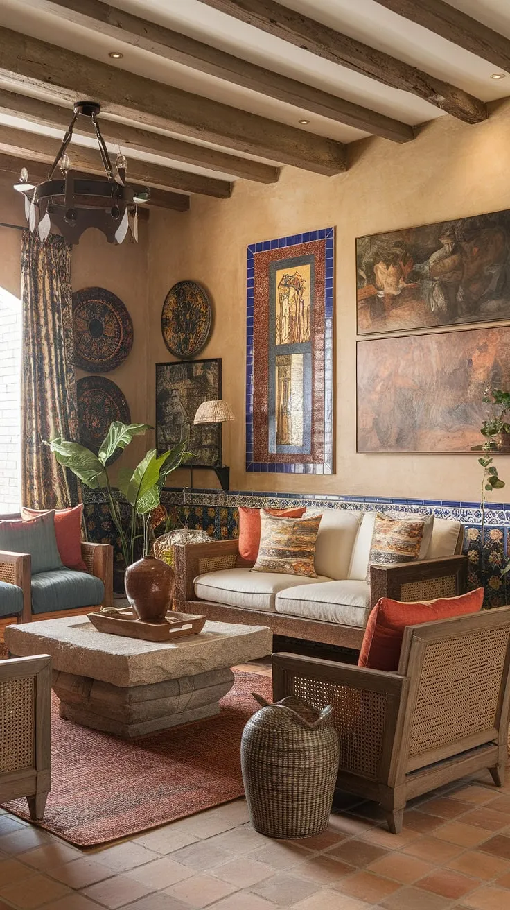 Rustic furniture and colorful tile create a warm, inviting Spanish hacienda living room.
