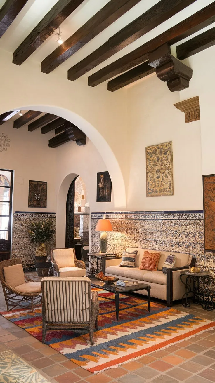 Elegant Spanish-style living room boasts high ceilings, decorative tiles, and a vibrant Mediterranean atmosphere