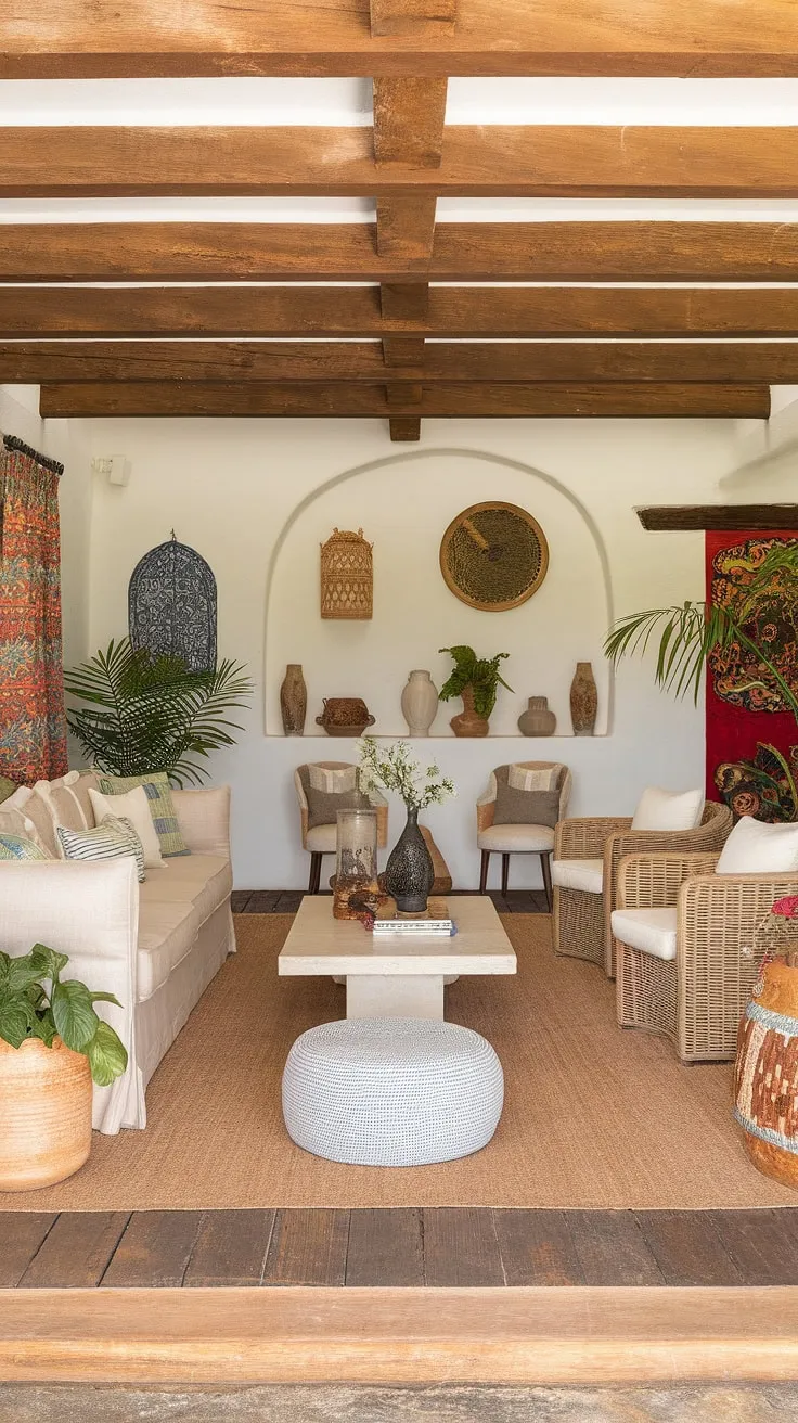Warmth and charm fill a Spanish living room, its Hacienda decor and Mediterranean design creating a vibrant atmosphere.