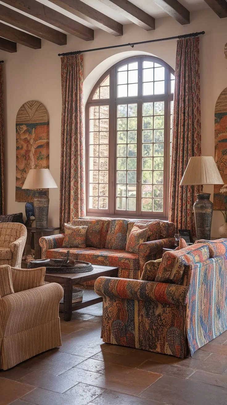 A sun-drenched Spanish living room showcases a Hacienda's colorful, tiled elegance.