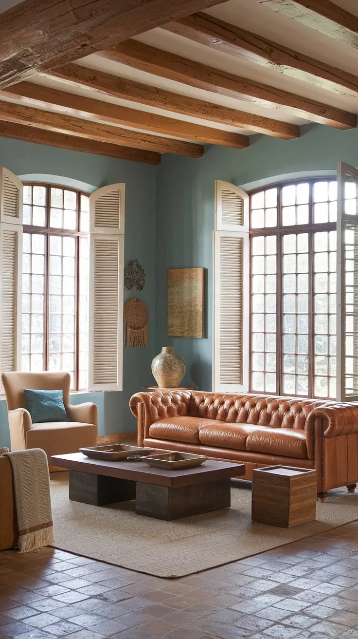 Sunlit terracotta floors and exposed beams highlight a tranquil Spanish living room, its cool blue walls offset by warm leather furniture and hacienda charm.