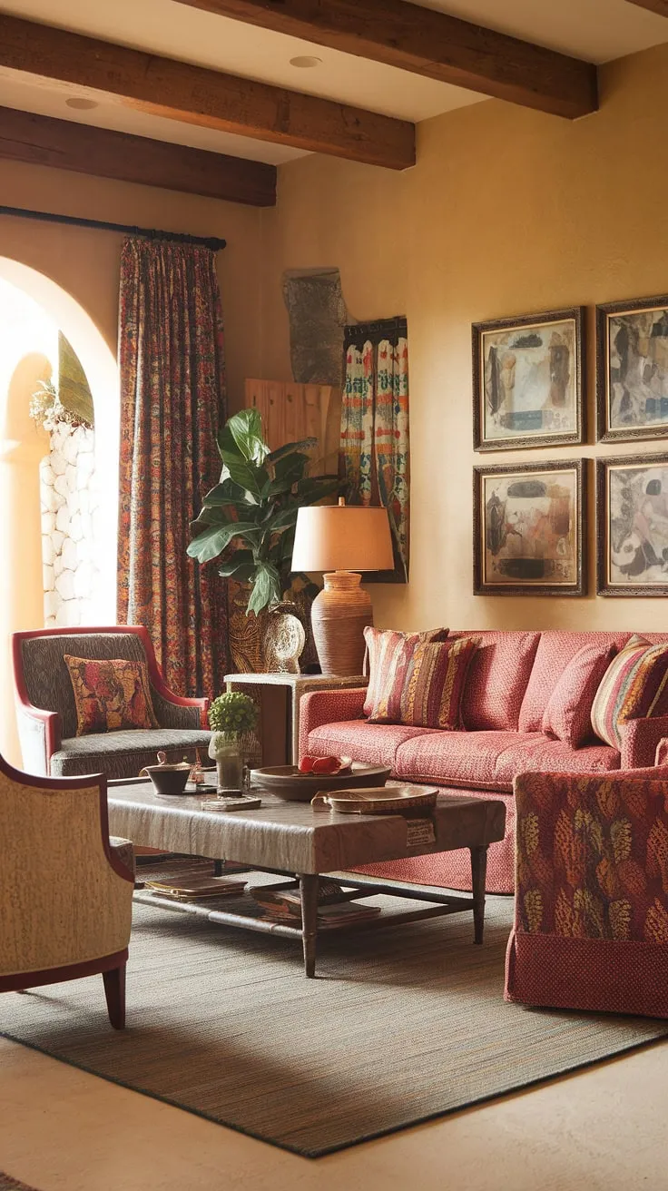 A hacienda-inspired living room bursts with color and character, showcasing a lively Mediterranean aesthetic.
