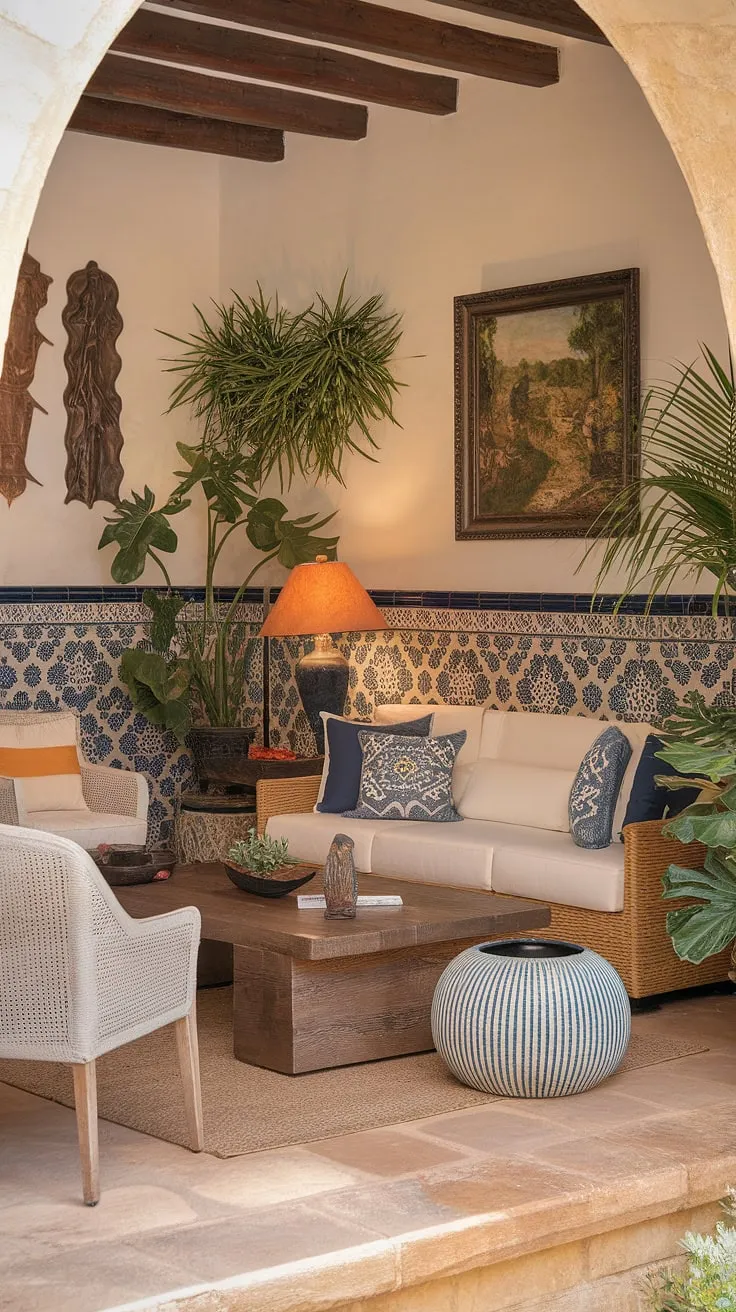 A stone-floored Spanish living room, adorned with hacienda decor and decorative tiles, exudes Mediterranean charm.