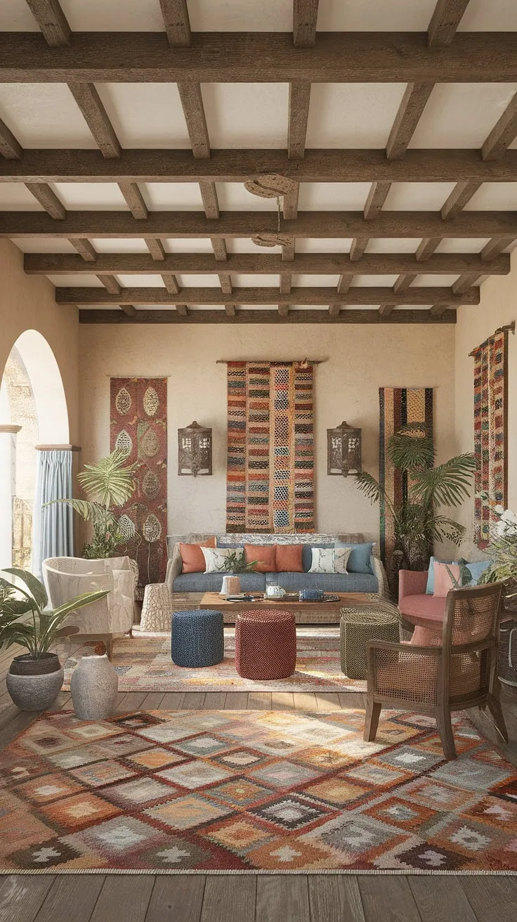 Rustic charm and Mediterranean flair fill a high-ceilinged Spanish living room, its wooden beams and colorful décor creating a warm, inviting atmosphere.