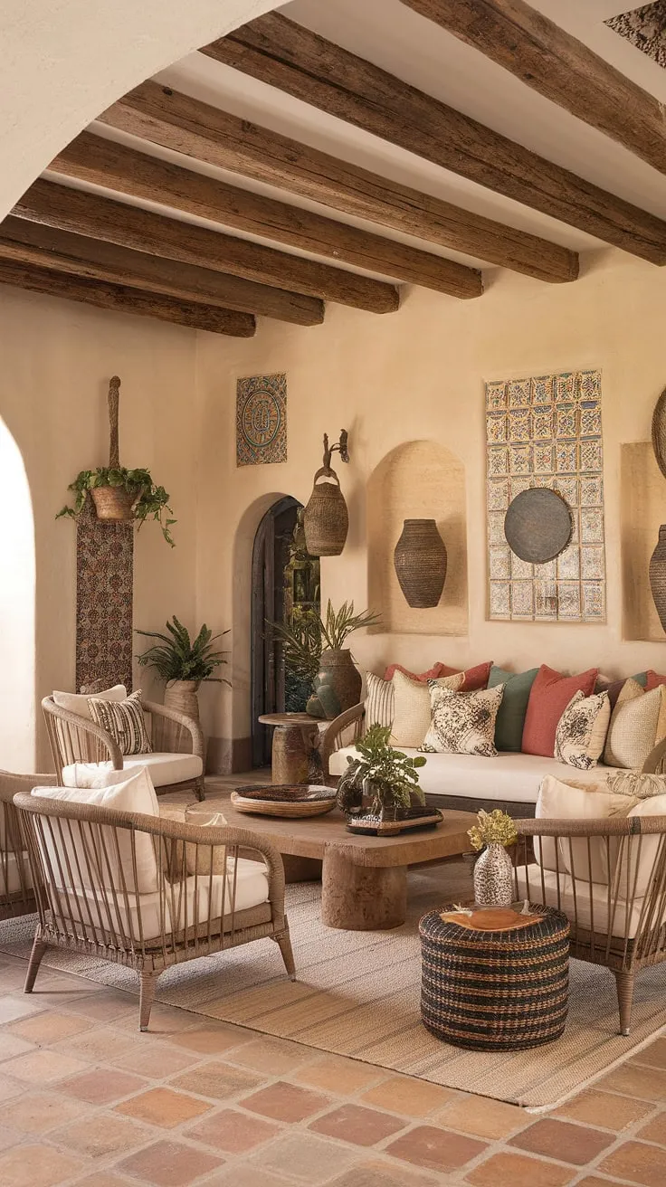Rustic wooden beams, colorful tiles, and natural furniture create a warm Spanish hacienda living room.