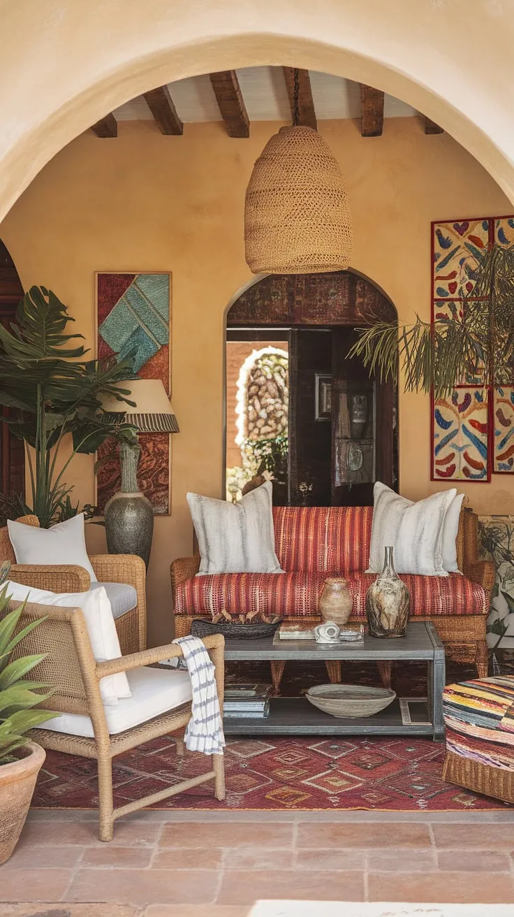 A Spanish hacienda living room showcases a colorful Mediterranean interior design with comfortable furnishings and decorative accents.