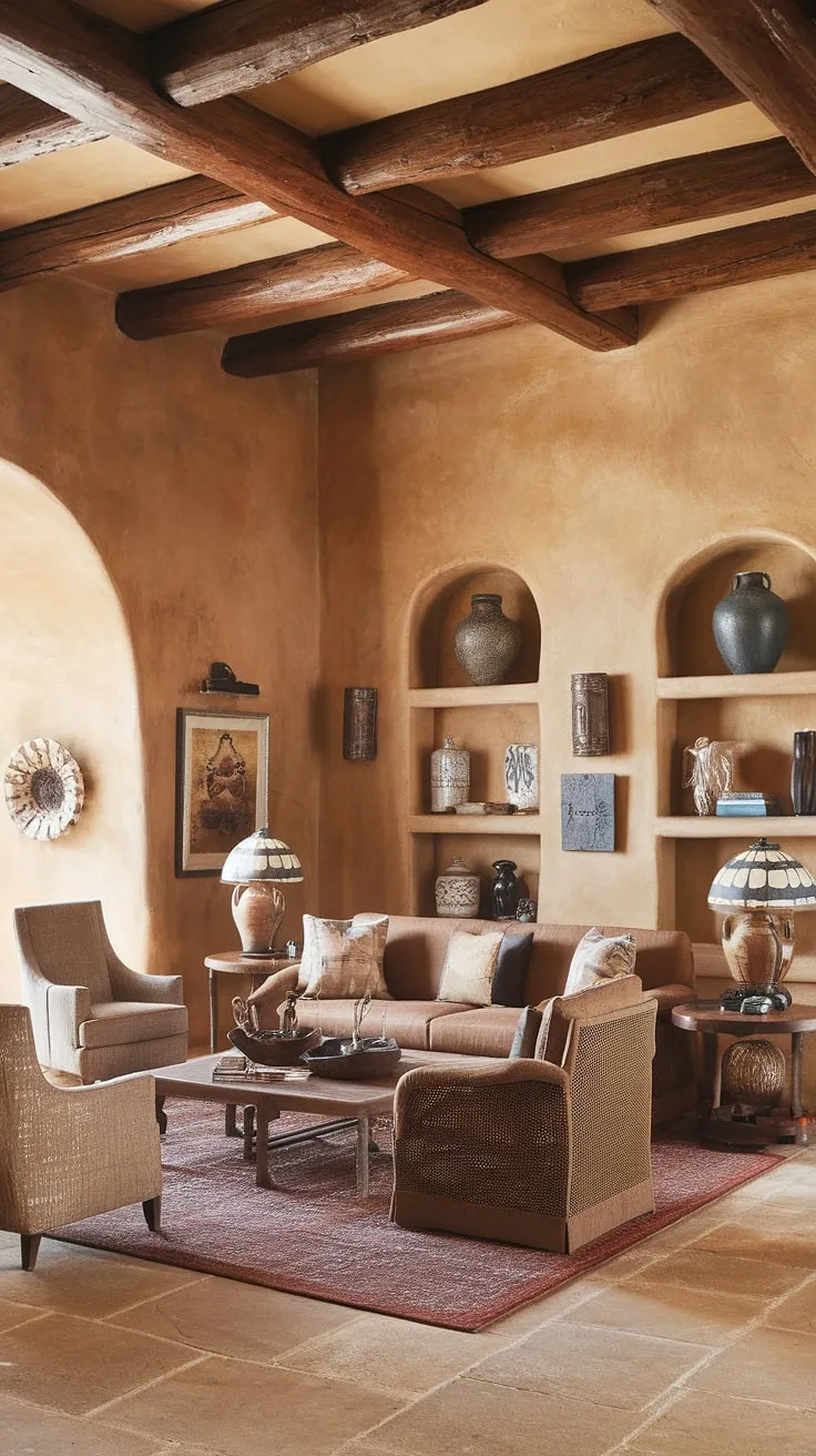 Warm terracotta walls, wooden beams, and comfortable furniture create a charming Spanish hacienda living room.