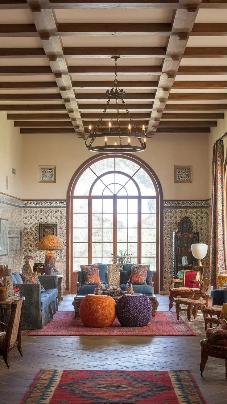 Elegant Spanish-style living room boasts high ceilings, terracotta floors, and vibrant Mediterranean details