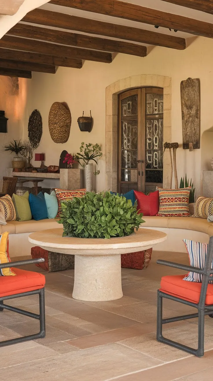 Warm terracotta tones and colorful accents define this inviting Spanish hacienda living room, complete with tiled floors and a central table showcasing a lush green plant.