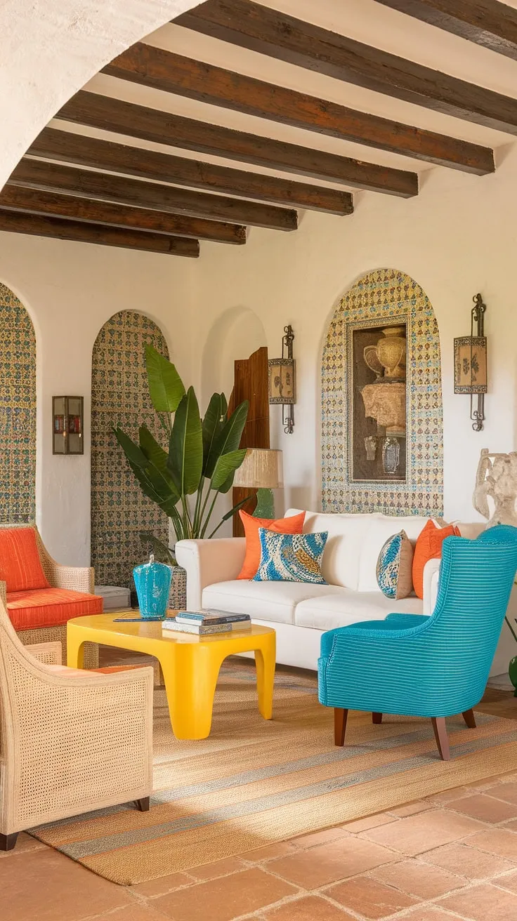 A sun-drenched Spanish living room bursts with color and character, showcasing hacienda style through its warm tones, patterned tiles, and eclectic furniture.