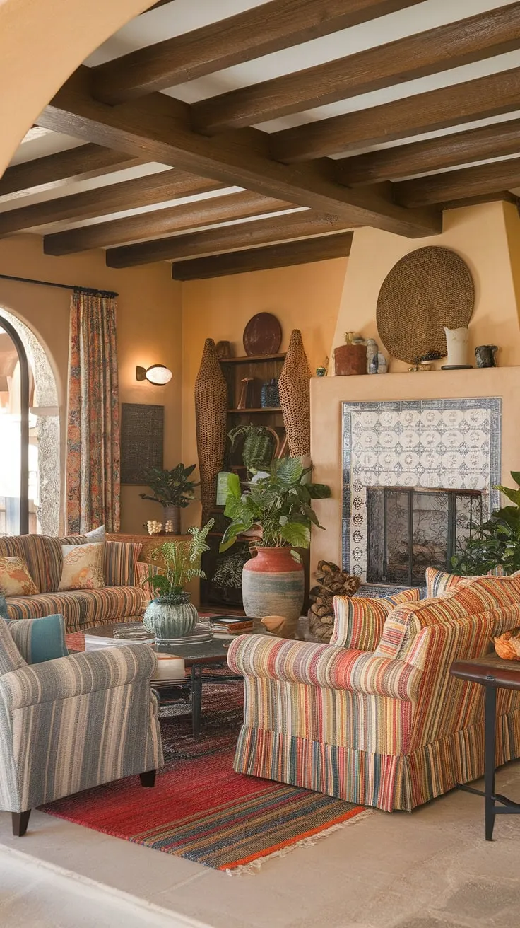 Warm hues, patterned cushions, and a tiled fireplace create a vibrant Mediterranean living room experience
