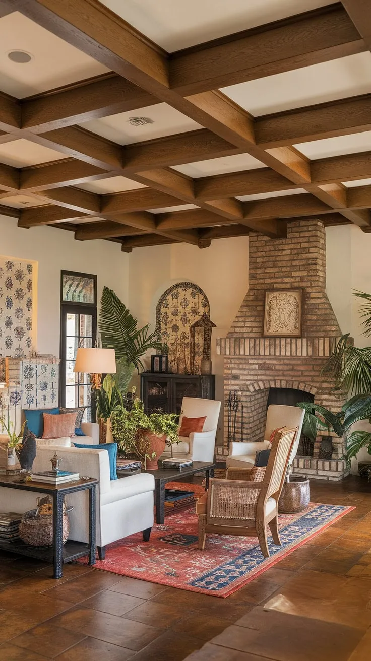 Warmth and comfort fill this Spanish-style hacienda living room, complete with high ceilings, a brick fireplace, and inviting furnishings.