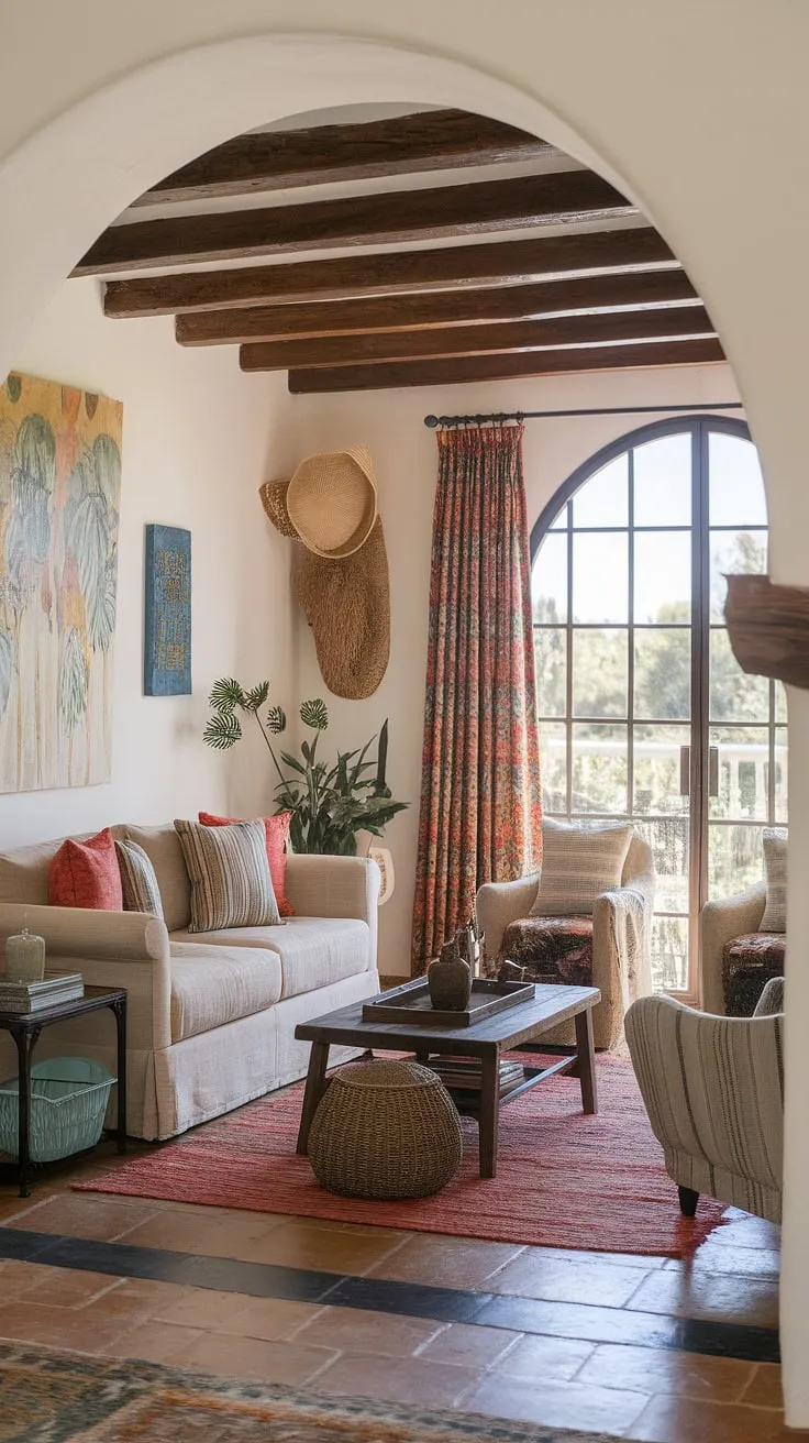 Colorful artwork and a tiled floor accentuate the arched window's view in this inviting Mediterranean Revival space.
