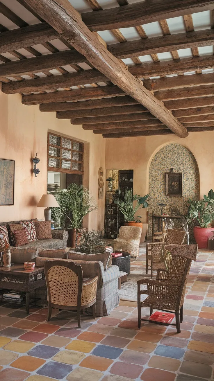 A Mediterranean hacienda living room evokes a welcoming atmosphere with its vibrant tiles, wooden ceiling, and carefully chosen décor.