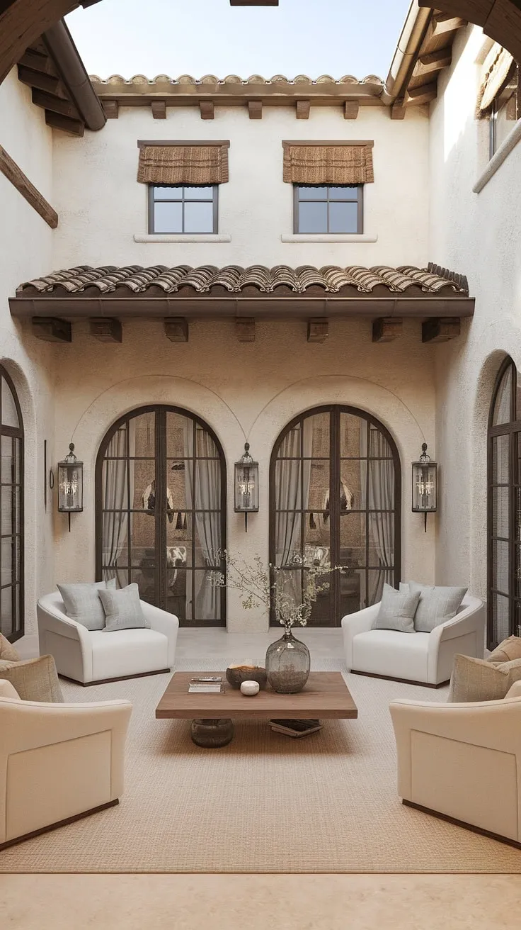 This Spanish Mediterranean home showcases minimalist colonial design and a patio living area, all enhanced by traditional window treatments.