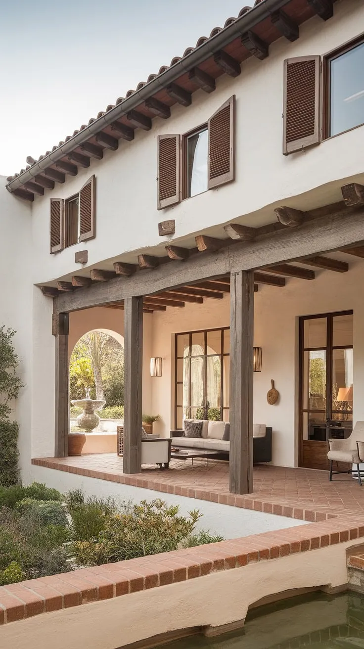 Spanish colonial architecture and minimalist interiors create a tranquil oasis in this Mediterranean home, where a large patio extends the living space into a lush garden.