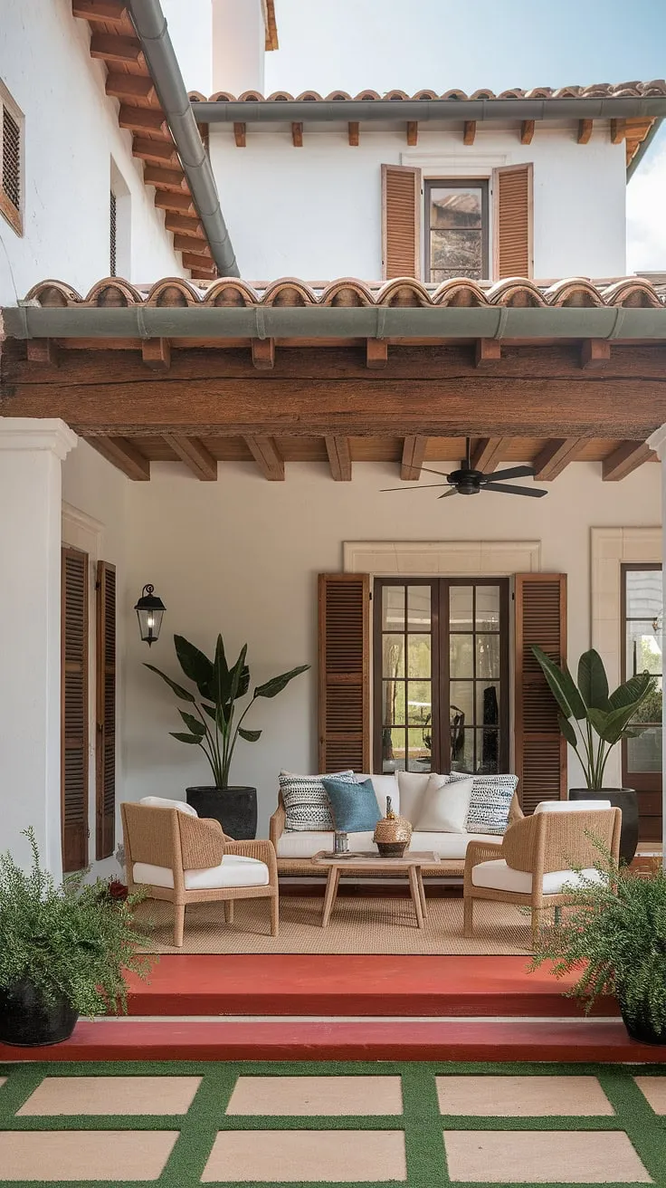 A sun-drenched Spanish Mediterranean home boasts a minimalist interior and vibrant red-roofed exterior, showcasing colonial charm.
