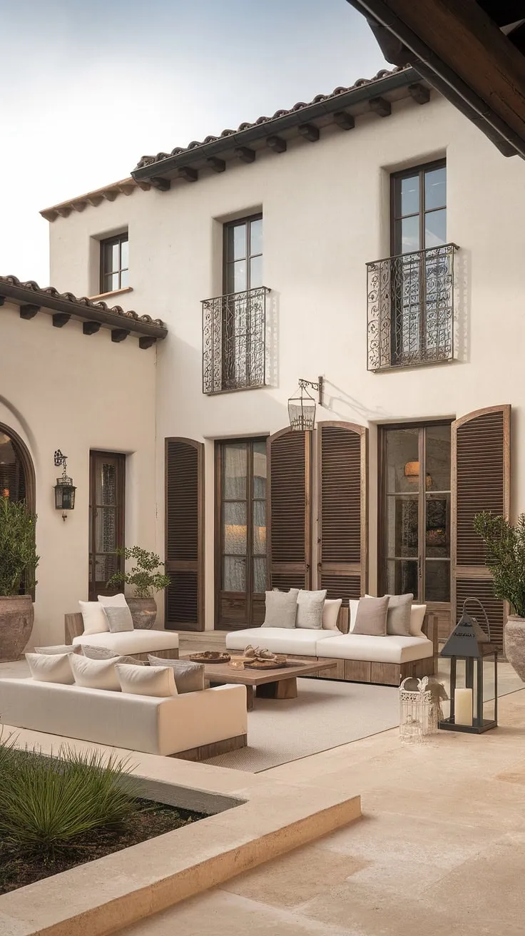 Sunlight streams into a minimalist Spanish living room, its high ceilings and dark wood beams accented by simple furniture and a patio blurring the lines between indoors and out