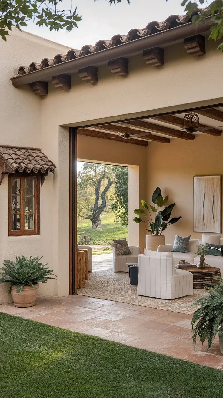 A minimalist Spanish colonial home's terracotta-tiled interior and patio living room blend Mediterranean style with lush outdoor scenery
