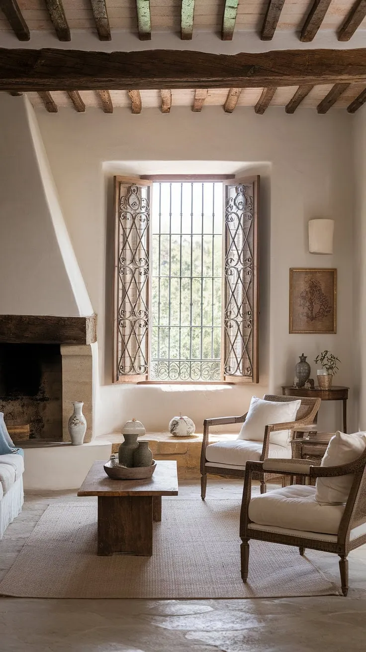 A rustic Spanish casita boasts a minimalist Mediterranean interior with intricate ironwork, a stone floor, and a soft color palette.
