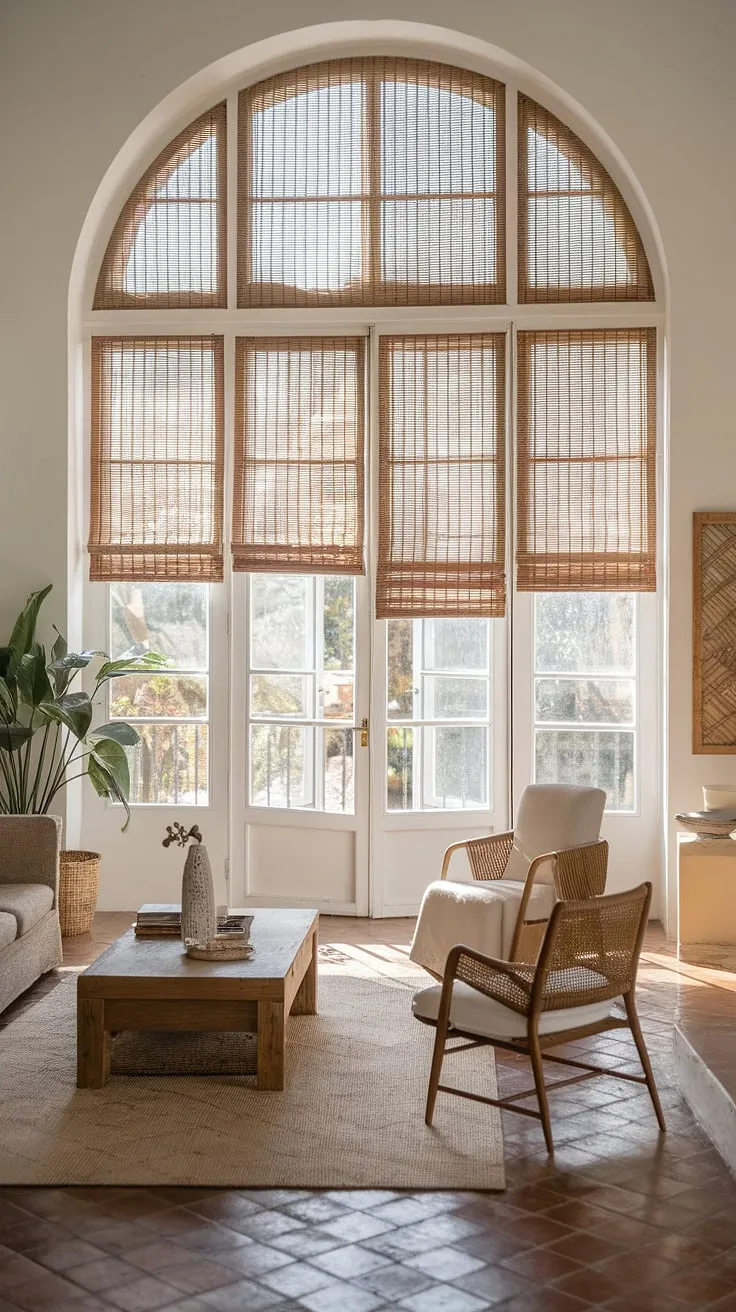 Sunlight streams through a woven-shade Spanish window illuminating a minimalist Mediterranean living room's terracotta floor and sparse furniture