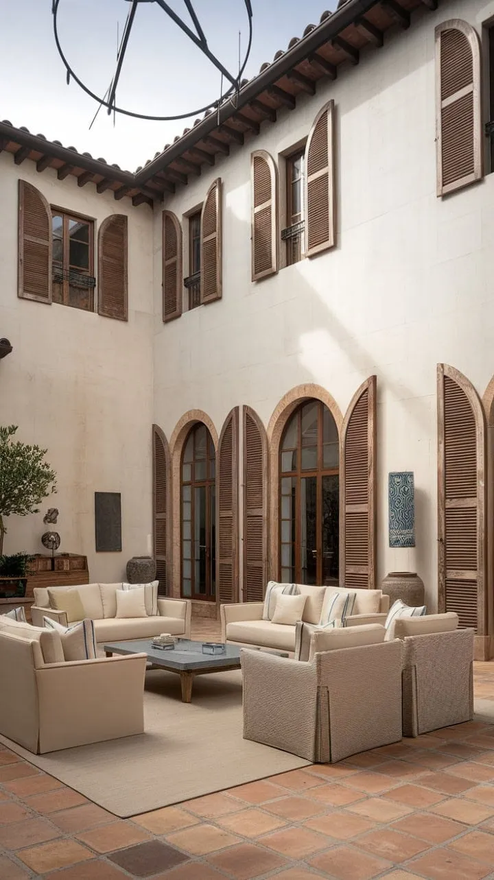 This patio living room harmoniously fuses Spanish colonial charm with minimalist elegance, featuring terracotta floors, white walls, and rustic wooden shutters for a serene and sophisticated retreat.