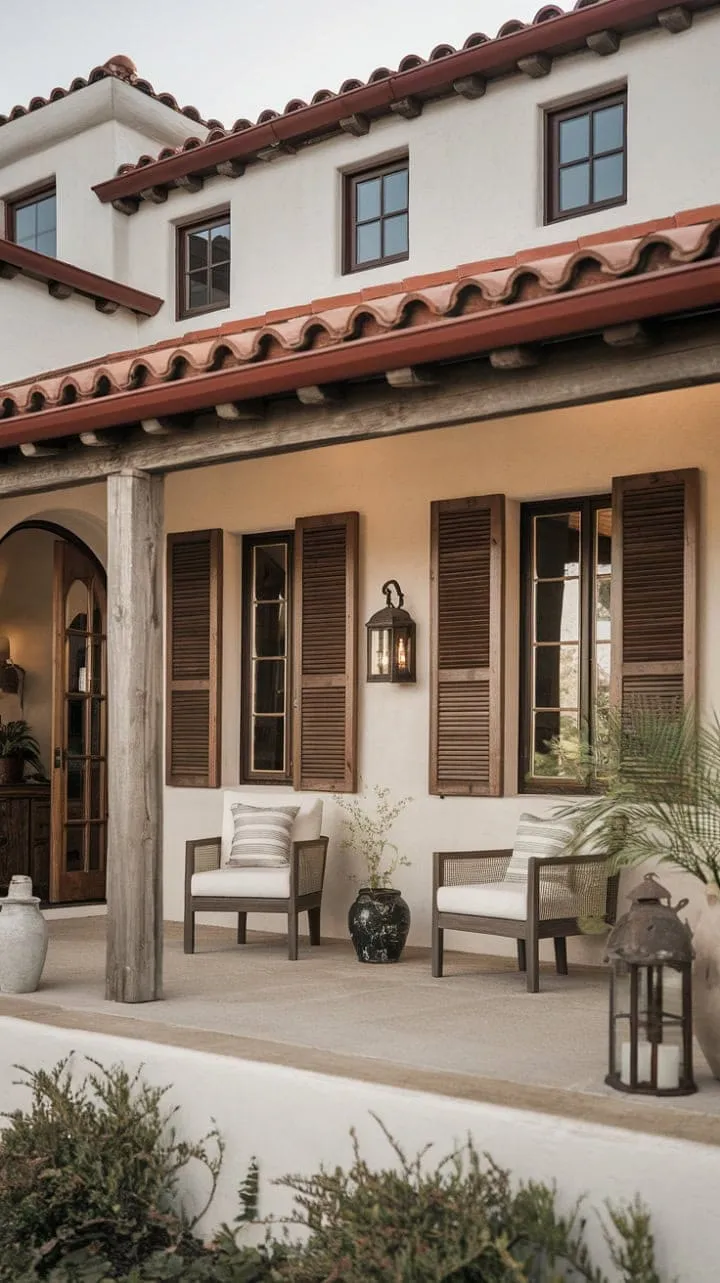 Sunlight dances through wooden shutters, casting a warm glow on the rustic elegance of a tranquil Spanish Mediterranean patio adorned with terracotta pots and a simple lantern.