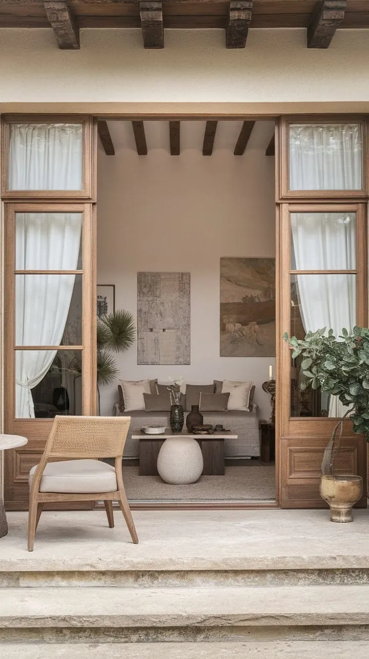 Sunlight dances through rustic wooden frames, casting a serene glow on the minimalist elegance of a Spanish Mediterranean living room that harmoniously merges indoor and outdoor beauty.