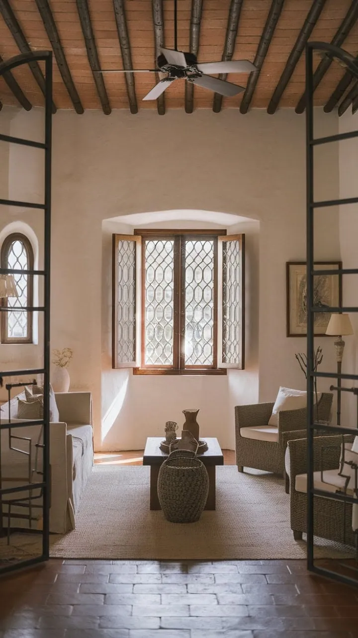 Bathed in sunlight, this serene living room captures the essence of Spain with its handcrafted details and minimalist charm, creating a tranquil retreat.
