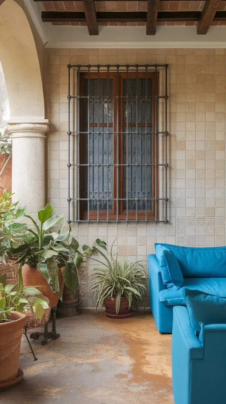 Sunlight dances through iron bars, casting a warm glow on terracotta tiles and a blue sofa, creating a serene Spanish Mediterranean retreat adorned with lush patio plants.