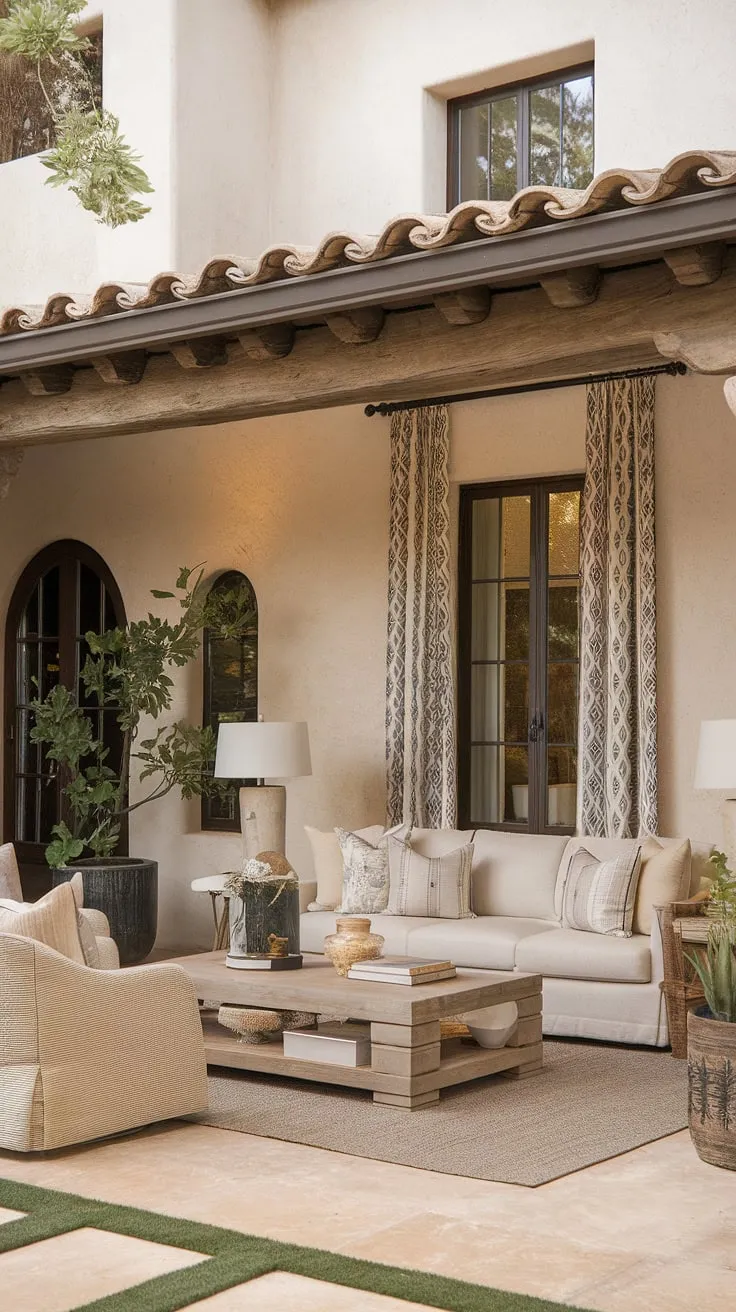 A Spanish Mediterranean home's interior seamlessly blends minimalist and colonial design elements within a patio living room and window treatments.