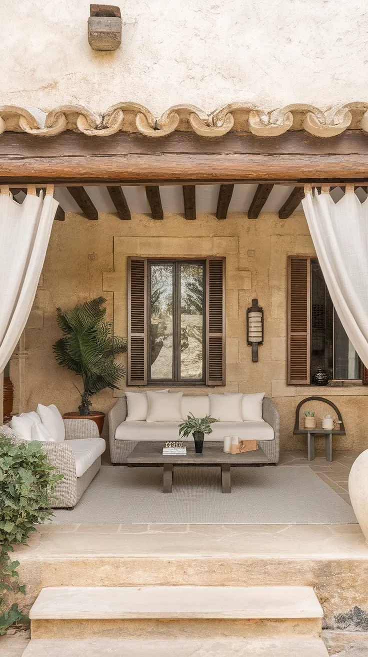 A minimalist Spanish patio living room, featuring stone walls, wooden beams, tile floors, and Spanish window treatments, evokes the charm of a Mediterranean home.