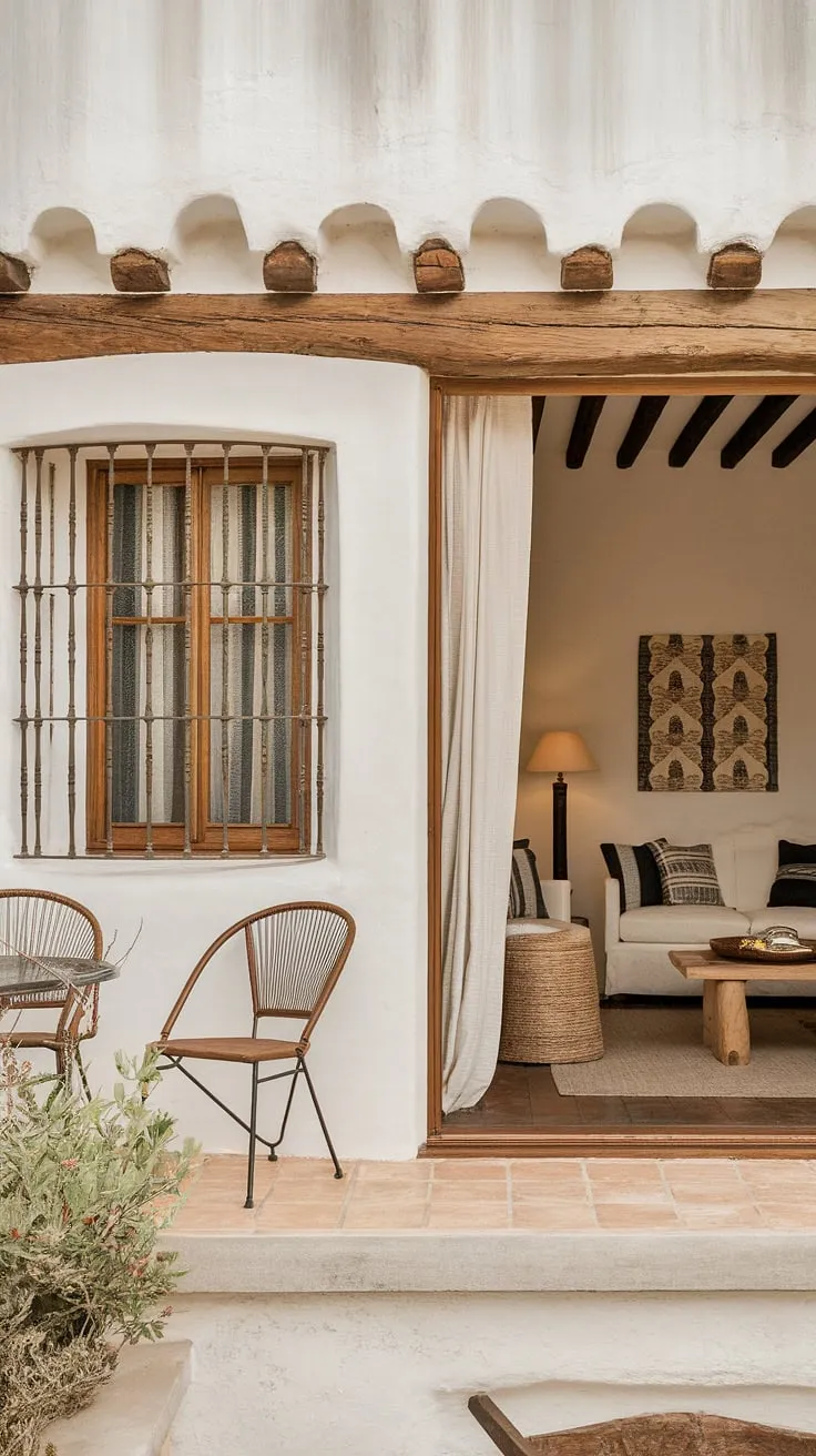 Elegant Spanish Mediterranean living, minimalist yet warm, opens to a sun-drenched patio.