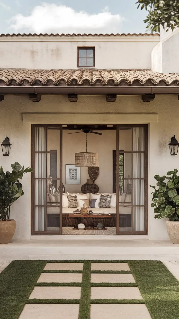A Spanish Colonial home's minimalist patio showcases Mediterranean design elements.