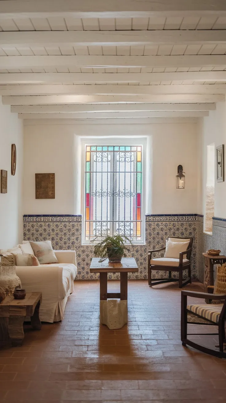 Spanish architectural details and sparse furnishings create a tranquil Mediterranean living space.