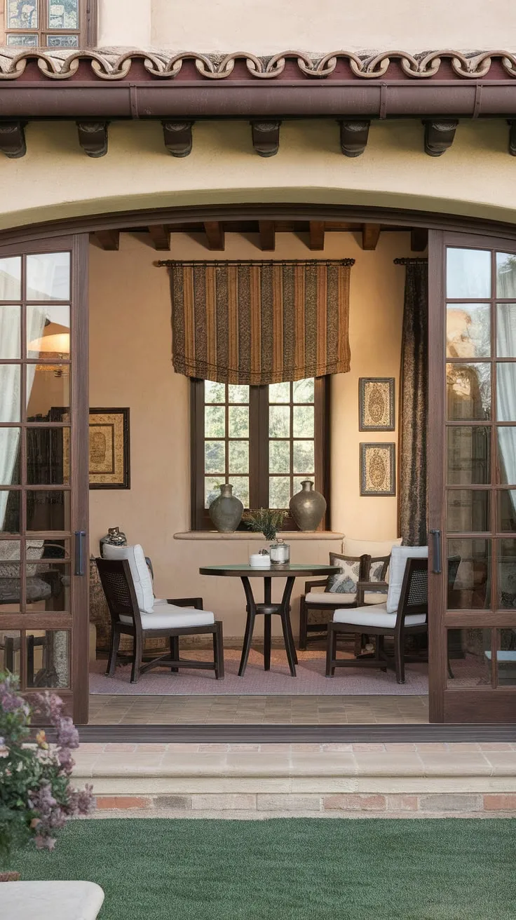 This Spanish casita boasts a tiled floor, artwork-adorned walls, and a patio, embodying a classic Mediterranean aesthetic.