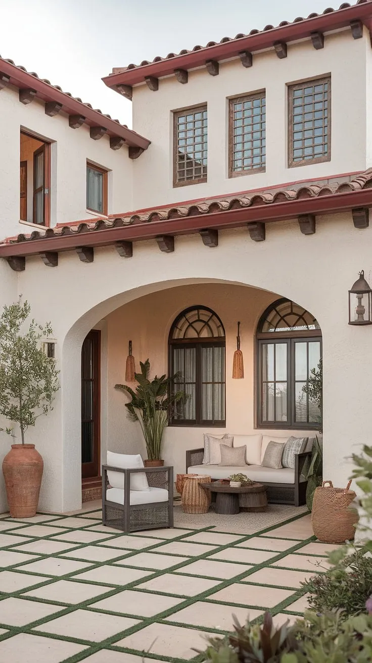 Elegant Spanish Mediterranean architecture blends minimalist interiors with traditional details and outdoor living spaces.