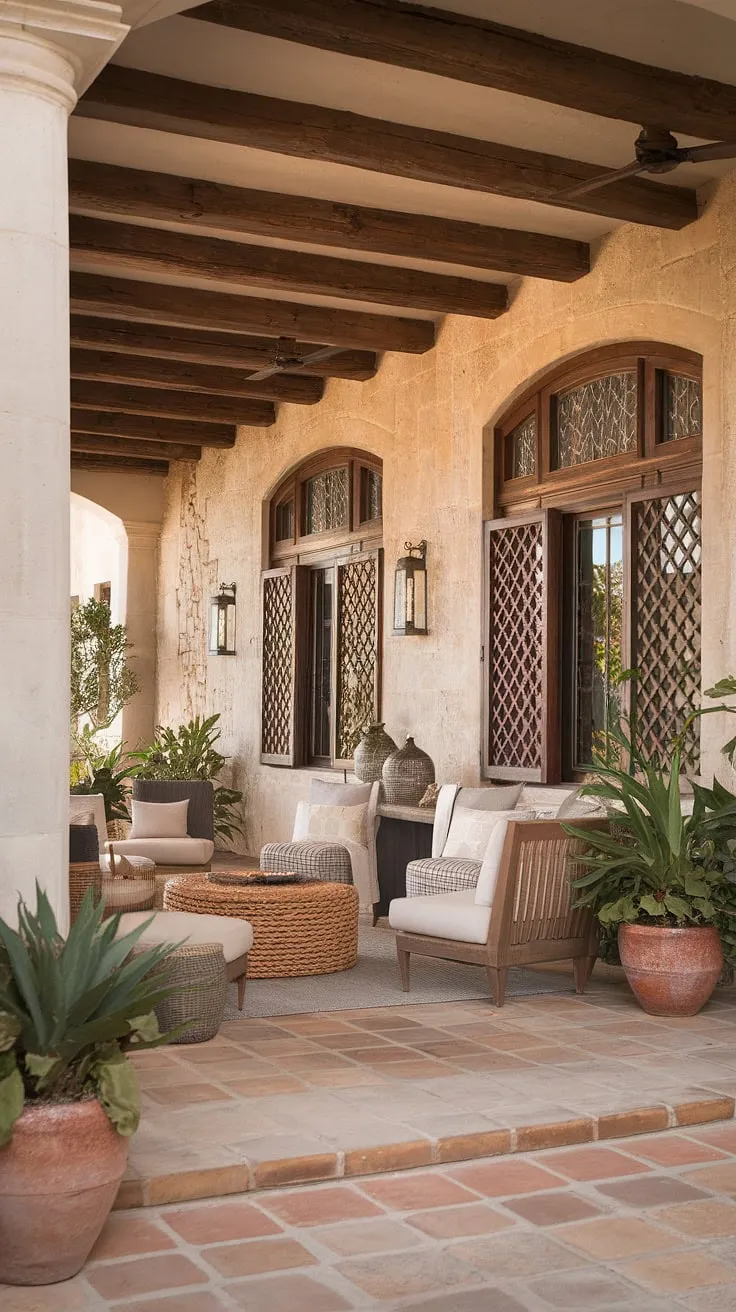 Warm terracotta tiles and wooden beams create an inviting Spanish Colonial patio living room, enhanced by minimalist decor and stone walls.