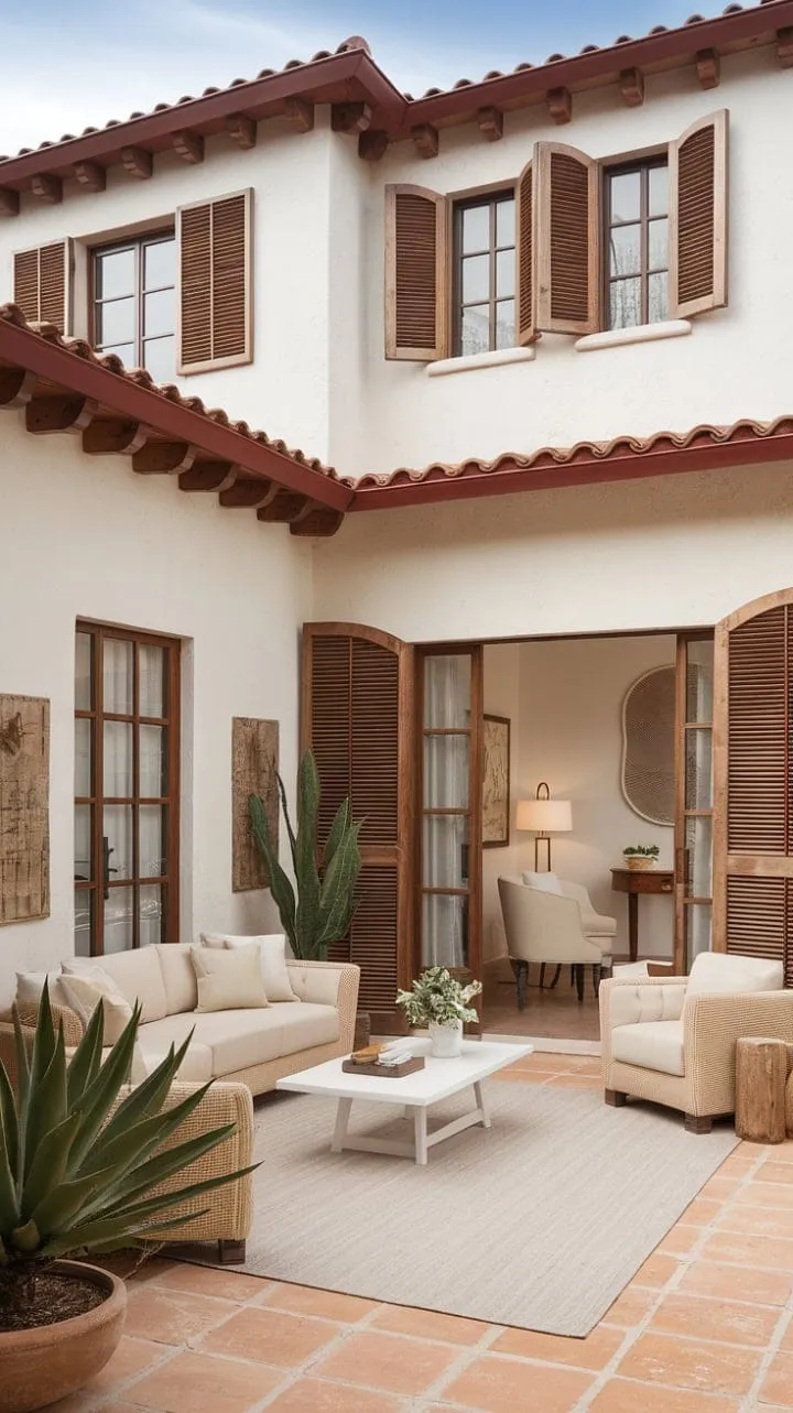 Sunlight dances through weathered shutters, casting a warm glow on the terracotta floors and inviting serenity in this elegantly rustic Spanish Mediterranean patio.