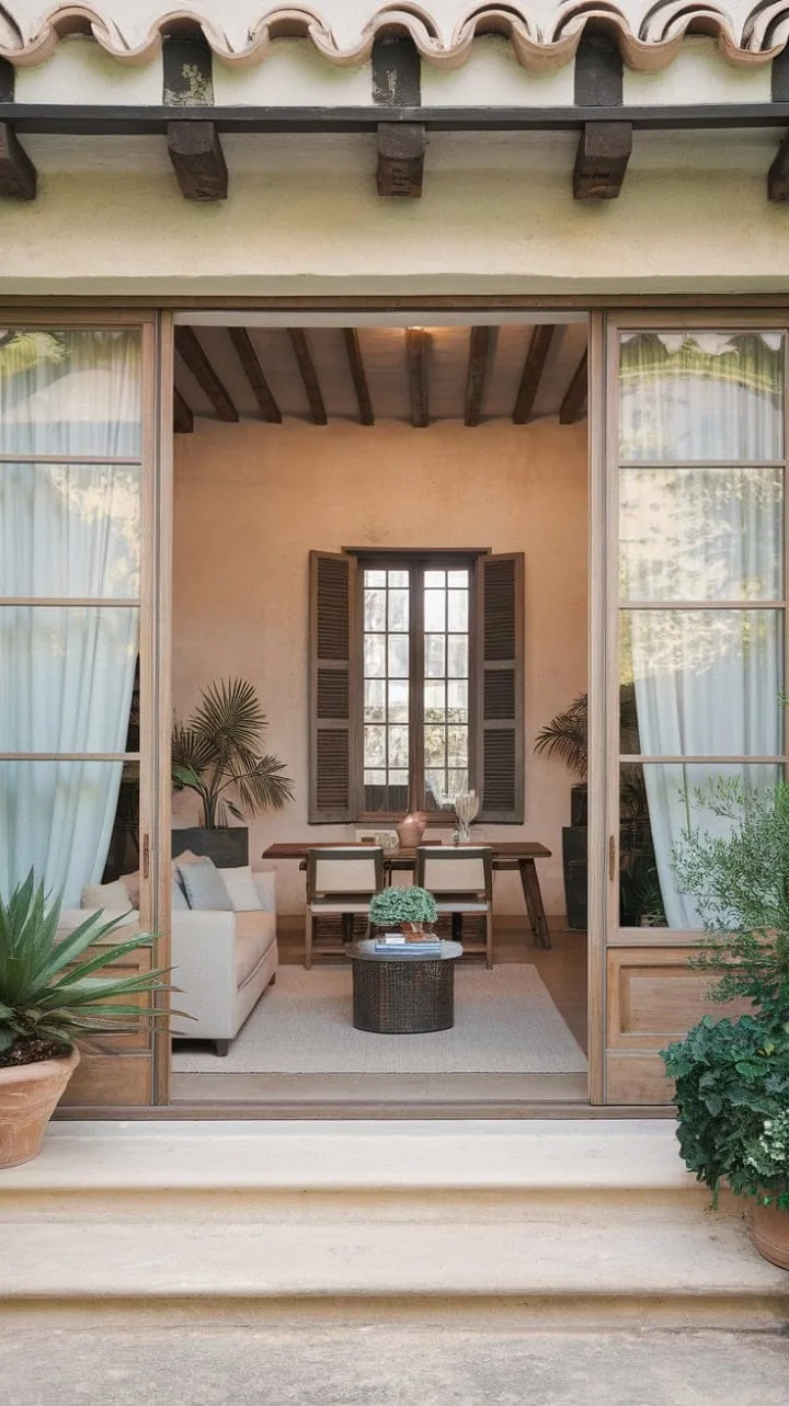 Sunlight dances through traditional Spanish windows, casting a warm glow on rustic stone and wood, creating a serene Mediterranean retreat that beautifully merges indoor comfort with outdoor tranquility.
