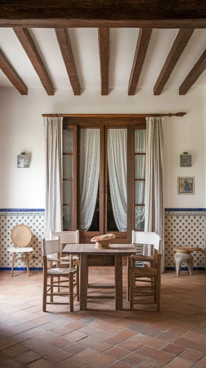 Sunlight dances through lace curtains, casting a serene glow on the rustic charm of this Spanish Mediterranean home, where timeless elegance invites tranquil moments on the patio.