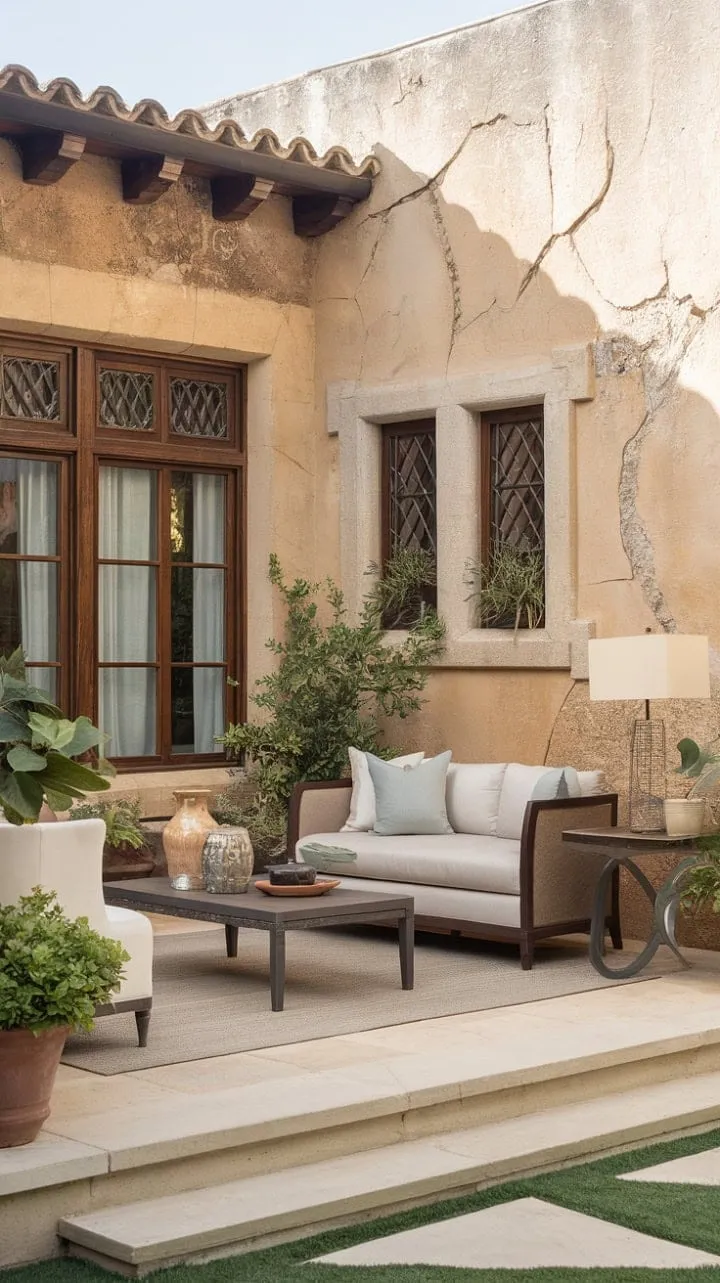 This Spanish colonial home blends rustic charm and modern simplicity, featuring aged stone walls and handcrafted details for a sophisticated sanctuary.