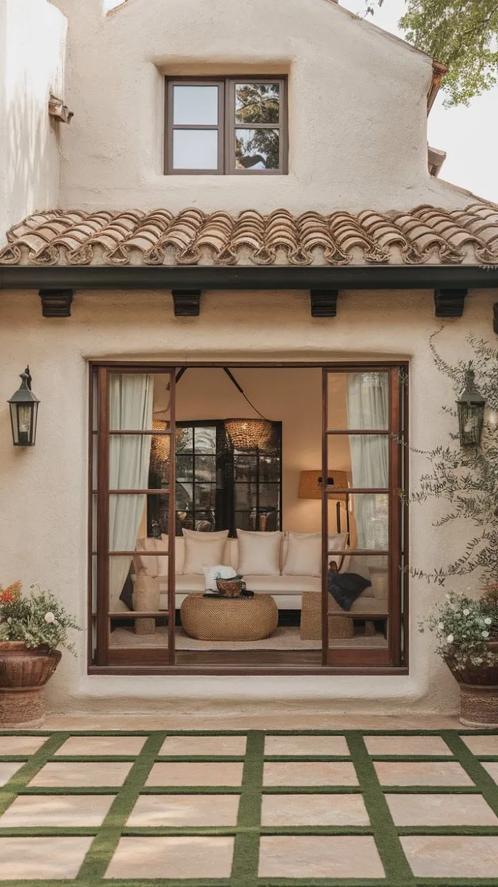 Sunlight dances through the Spanish window treatment, highlighting the serene elegance of a rustic Mediterranean casita's patio living room.