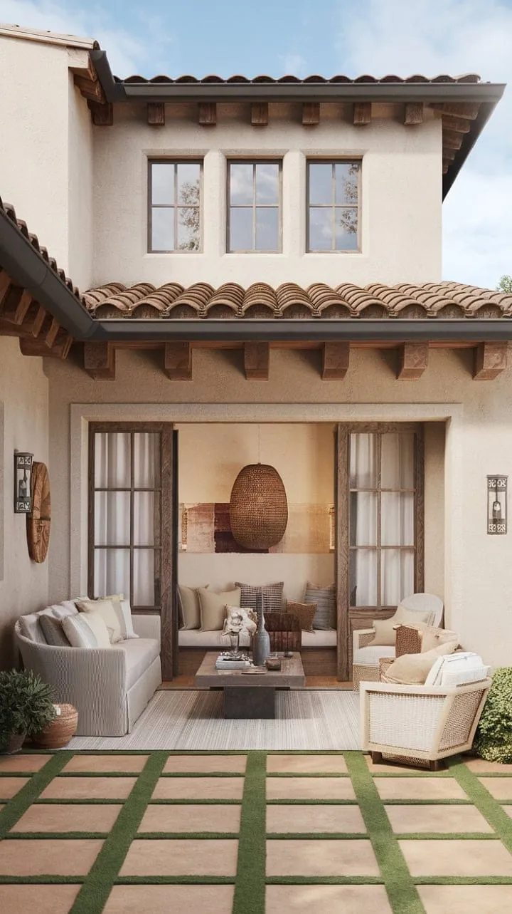 Sunlight dances through artisanal Spanish window treatments, highlighting rustic beams and terracotta tiles in a serene Mediterranean oasis that beautifully merges indoor and outdoor living.