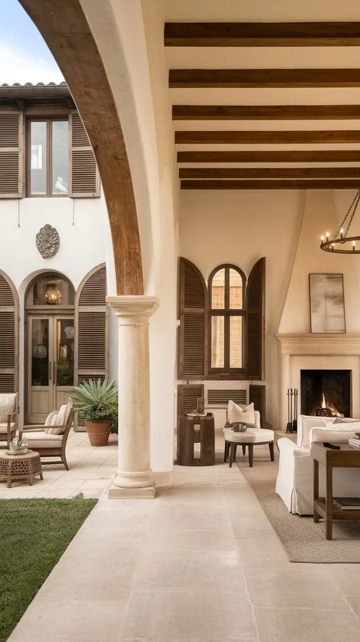 Sunlight dances through arched windows, highlighting the serene blend of rustic charm and modern simplicity in this Spanish Mediterranean home.