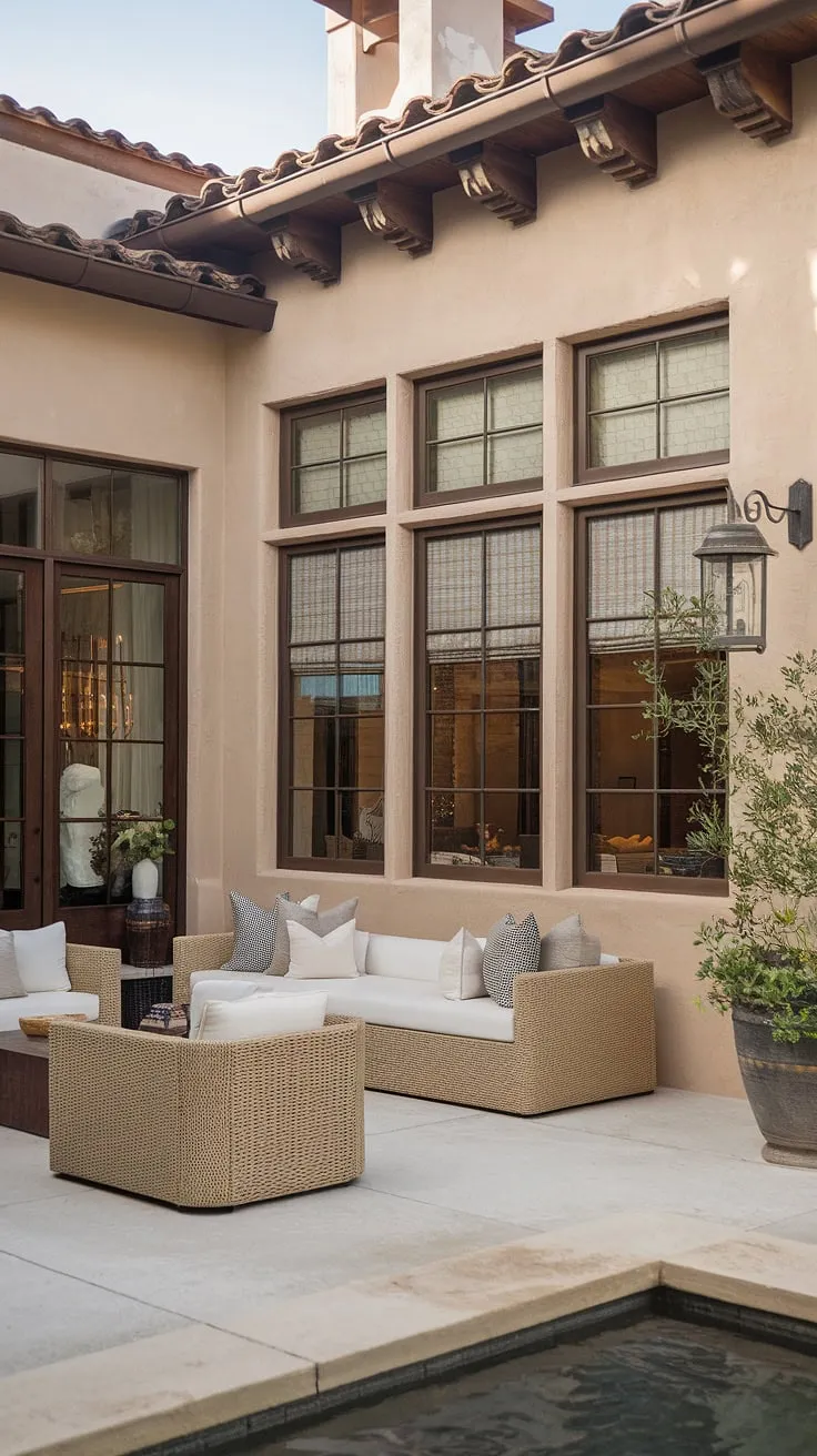 This Spanish Mediterranean home showcases a minimalist colonial design with a patio living room and casita, embodying elegant simplicity.